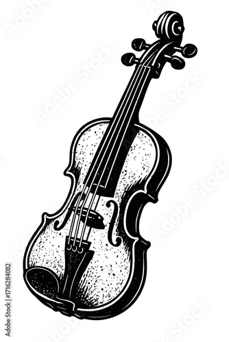 Vintage Woodcut Violin Illustration: A Striking Black and White Depiction of a Classic String Instrument, Ideal for Music Lovers and Folk Art Enthusiasts, Rustic Textures, Elegant
