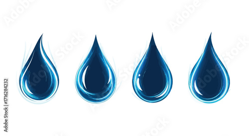 Four translucent blue water drops realistic fluid droplets isolated on vector