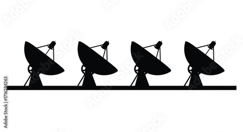 Array of satellite dishes receiving signals from space for global communication networks vector