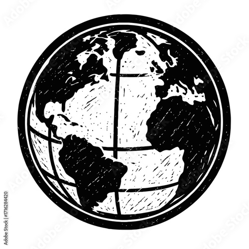 Black and white hand-drawn linocut style Earth globe illustration. This vintage, distressed world map features continents and grid lines, serving as an artistic, SEO-friendly symbo