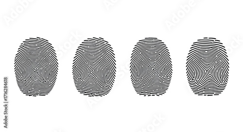 Four distinct fingerprints showing unique identifiable patterns for security and forensics vector