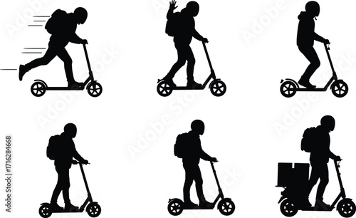 Silhouette man riding electric scooter, delivery rider with backpack, eco transport, fast urban mobility, courier service, modern city transportation solution