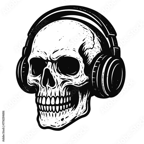 Monochrome skull in headphones, a powerful black and white vector illustration for music lovers. Features a grunge, edgy, cool design, perfect for rock, metal, punk, and DJ themes.