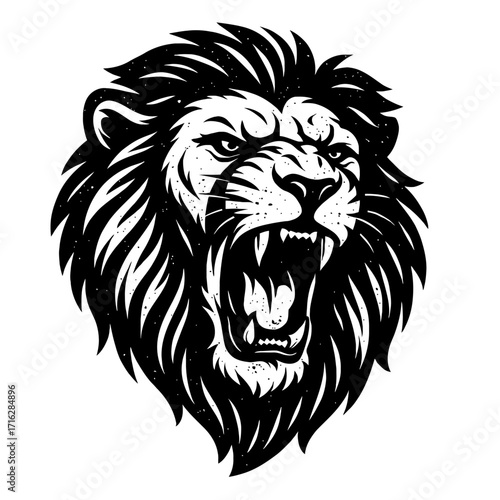 Fierce black and white roaring lion head illustration, showcasing powerful aggression and a majestic mane. Detailed stylized vector art, perfect for logos, mascots, and bold graphi