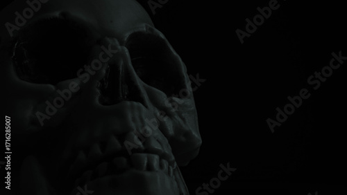 Dark moody close-up of a human skull emerging from shadows.