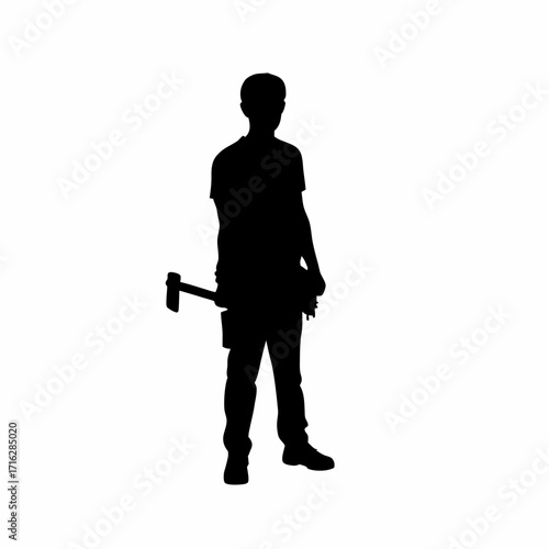 Silhouette of a worker removing finished plastic parts from mold area isolated on white background