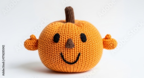Cute Knitted Orange Pumpkin Character Toy with Happy Face and Thumbs Up Arms