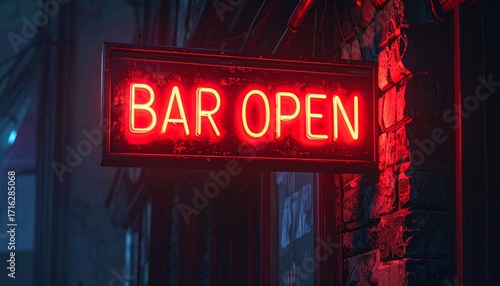 A glowing red neon sign illuminating a dark street, announcing 'BAR OPEN' with an inviting luminescence