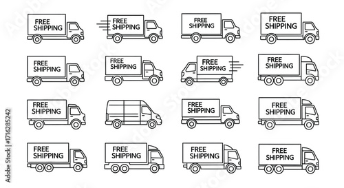 Collection of hand-drawn free shipping trucks in various styles and angles for delivery services vector