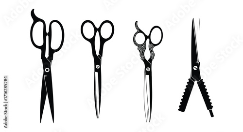 Collection of professional barber and hairdressing scissors and clips isolated on white vector