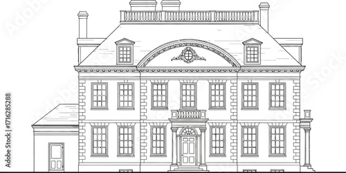Detailed architectural drawing of a large, classic, brick house
