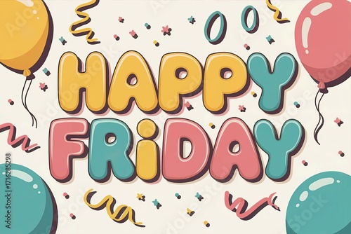 Colorful Happy Friday Greeting with Balloons and Confetti for Celebration