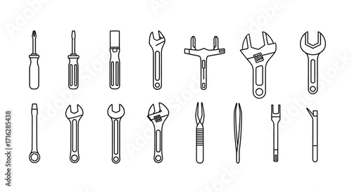 Collection of hand drawn tools including wrenches screwdrivers and pliers for repair and construction vector