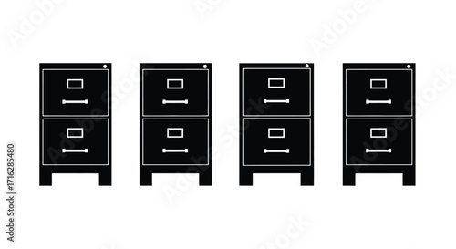 Four black metal two-drawer filing cabinets lined up in a row vector