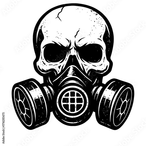 Menacing Black and White Skull with Gas Mask Grunge Illustration Vector Art for Post-Apocalyptic, Biohazard, and Dark Edgy Designs, Perfect for Tattoos, Apparel, and Urban Streetwe