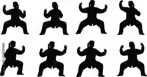 Silhouette martial arts poses, kung fu training, tai chi movements, fitness exercise, meditation, self defense practice