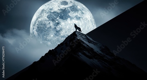 Lone wolf howling at the full moon on a mountain peak