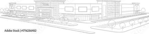 Commercial building, architecture, line drawing on a white background