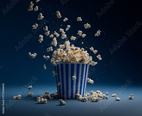 Popcorn bursts from a striped container
