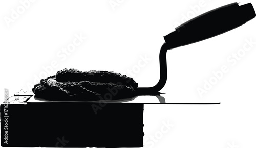 silhouette, trowel, tool, mortar, cement, spread, blade, handle, work, construction, masonry, equipment, vector, black, icon, design, hardware, labor, building, repair