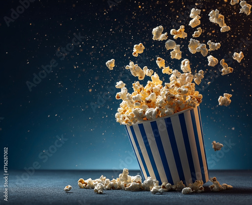 Popcorn bursts from a striped paper container