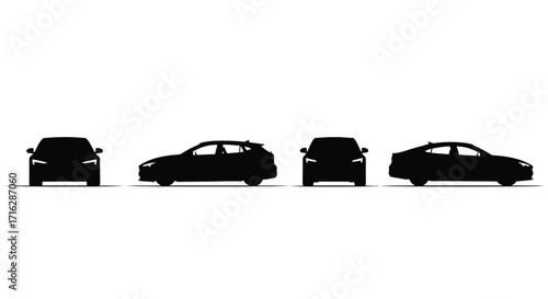 Four black car silhouettes presented from different angles isolated on white vector