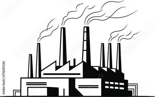 Black factory silhouette with smoke on a white background