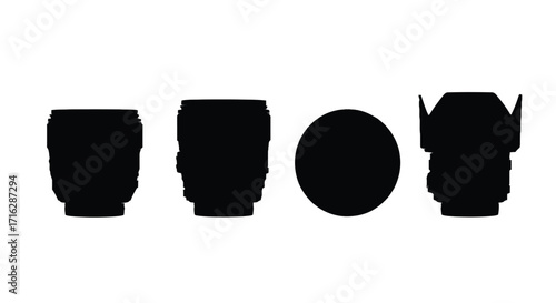 Collection of silhouetted camera lens hoods and caps for photography equipment vector