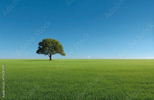 Single tree in vast green field, bright blue sky
