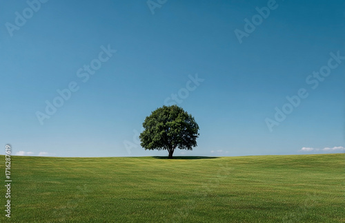 Solitary tree on a vast grassy plain under a clear blue sky