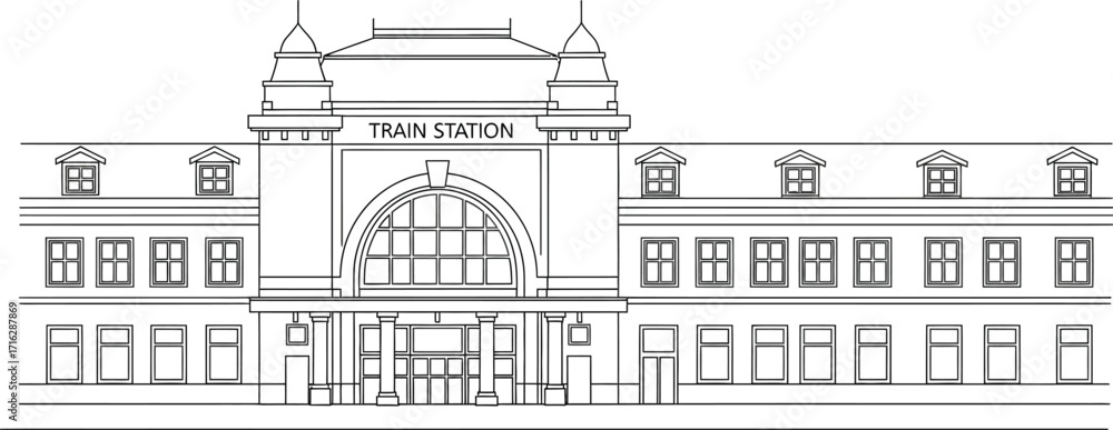 Fototapeta premium Train Station Building Facade, Architecture in Black and White Line