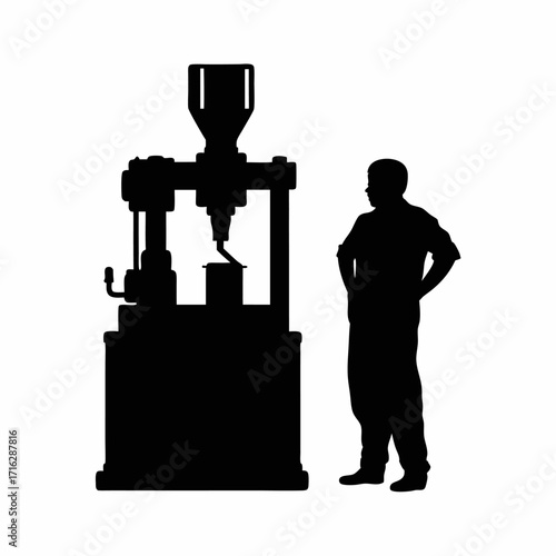 Injection molding machine ejecting part technician observing silhouette isolated on white background