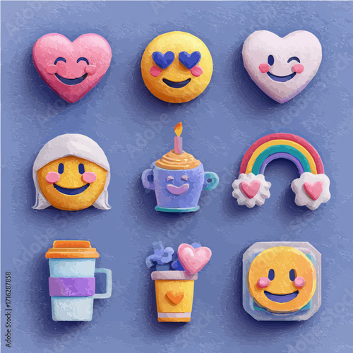 Colorful Emoji and Rainbow Set in Cute 3D Style