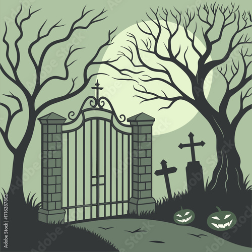 Spooky Halloween Cemetery Gate Vector