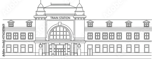 Train Station Building Facade, Architecture in Black and White Line