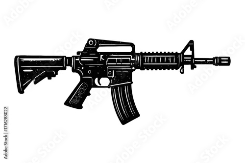 Premium AR-15 M4 carbine vector illustration. Detailed black & white tactical firearm graphic. Ideal for military, law enforcement, shooting sports, gun owner designs, apparel, dec