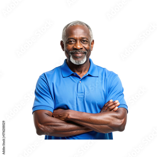 African American Senior Employee in Blue Polo Uniform Standing with Confidence, isolated on transparent backgroun