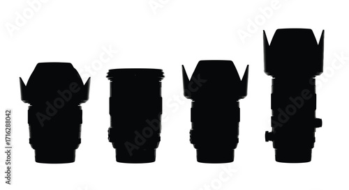 Four black silhouettes of camera lens hoods lined up side by side vector