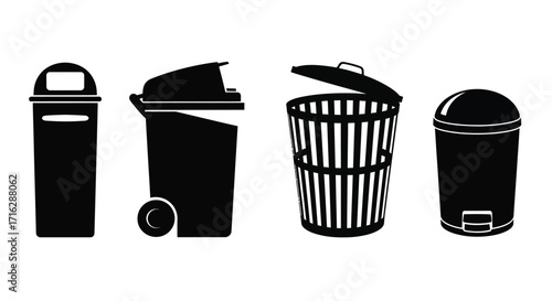 Collection of diverse black silhouette trash cans and waste bins for recycling and garbage disposal vector