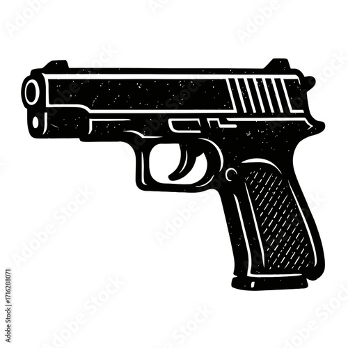 Striking black and white stylized illustration of a semi-automatic handgun, showcasing intricate details of a pistol in profile view, ideal for various design projects, graphic res