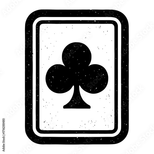 Distressed black clubs playing card icon on a white background, featuring a vintage grunge texture and thick rounded border. Ideal for game design, casino themes, or retro projects
