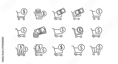 Hand drawn shopping cart icons with dollar signs representing online shopping and e-commerce transactions vector