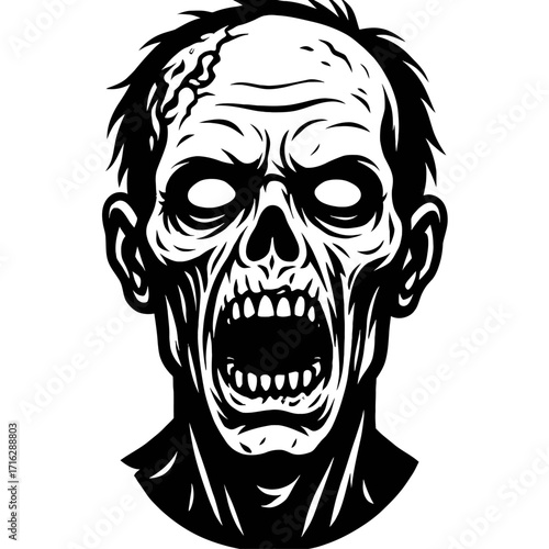 Horrifying black and white zombie head illustration, screaming with a gaping mouth, jagged teeth, and vacant eyes. Undead monster art, perfect for horror, Halloween, spooky designs