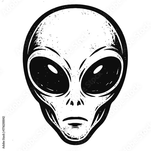 Mysterious Black and White Grey Alien Head Illustration - Vintage Sci-Fi Extraterrestrial Being Vector Art for Space Enthusiasts, UFO Conspiracy Theorists, and Cosmic Design.