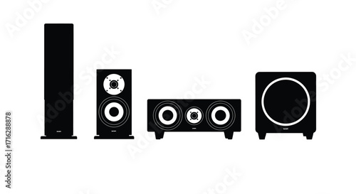 Home theater speaker system silhouette showing tower speaker bookshelf speakers and subwoofer vector
