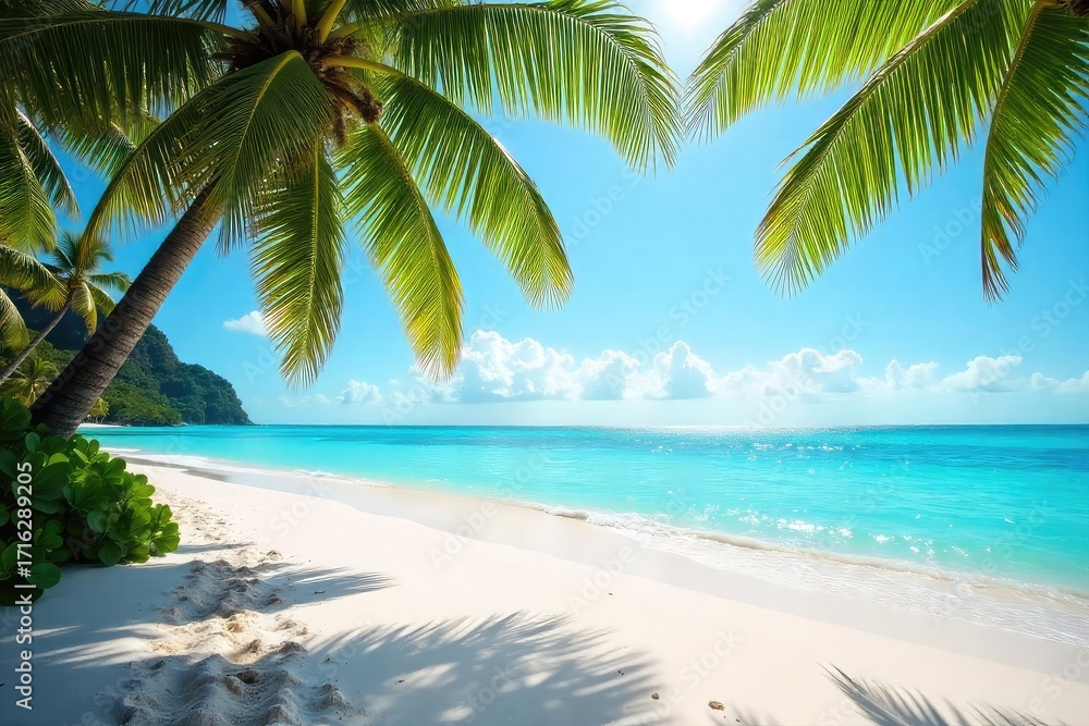 Obraz premium Sun-drenched white sand beach, turquoise water laps gently at the shore, palm trees sway in the breeze Perfect tropical getaway scene Serenity, relaxation, escape , exotic, vibrant, clear water