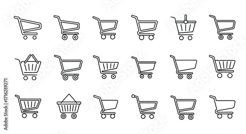 Diverse shopping cart icons collection representing retail commerce and online shopping convenience vector