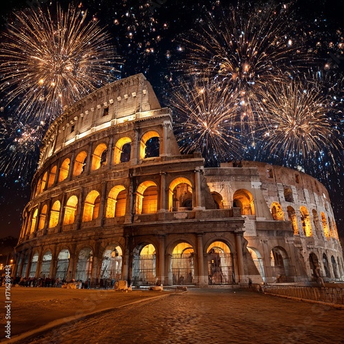 Colosseum at Night with Fireworks: Witness the iconic Colosseum illuminated against a starry night, with a vibrant fireworks display painting the sky in celebration.