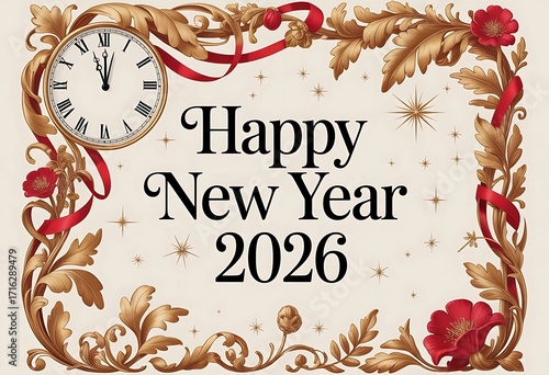 Happy New Year 2026 in ornate baroque frame, gold and royal red color scheme