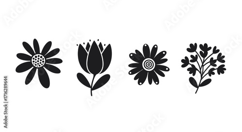 Four stylized black silhouette floral designs simple botanical elements perfect for decoration vector